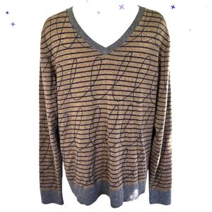 ADAM Cashmere Dad Sweater V Neck Vintage 80s Vibes Brown Gray Navy X Large‎